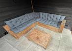 Buitenbank met kussens en bijzettafel steigerhout, Tuin en Terras, Ophalen, 5 zitplaatsen, Gebruikt, Loungeset