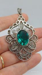 Zilveren Filigrain Hanger met Groene Steen, Sieraden, Tassen en Uiterlijk, Kettinghangers, Ophalen of Verzenden, Groen, Zilver