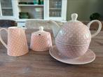 Theepotje kopje schotel suikerpot melkkannetje wit roze stip, Nieuw, Ophalen of Verzenden, Overige stijlen, Kop(pen) en/of Schotel(s)