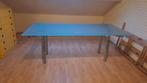 Glazen Tafel met Metalen Poten in hoogte verstelbaar, Ophalen, Gebruikt, 100 tot 150 cm, Glas