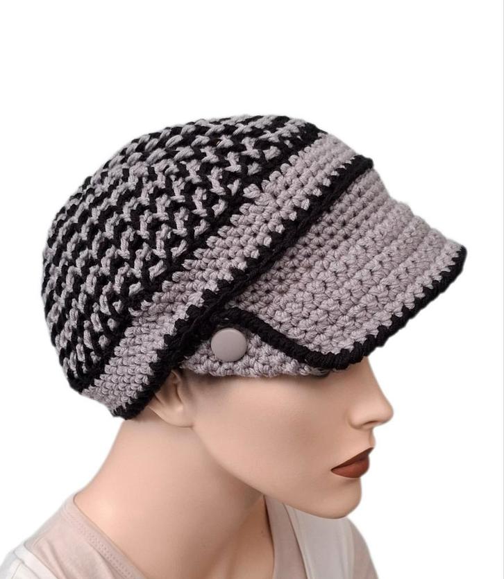 Gehaakte Merino Wollen Pet grijs/zwart, Kleding | Dames, Hoeden en Petten, Nieuw, Pet, One size fits all, Verzenden