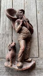 Houten Beeld Visser met Hond - Vintage Houtsnijwerk, Ophalen of Verzenden