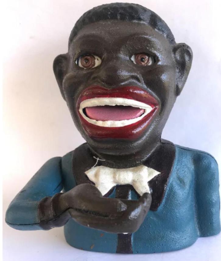 GIETIJZEREN JOLLY BOY MECHANISCHE BANK, Antiek en Kunst, Curiosa en Brocante, Ophalen of Verzenden