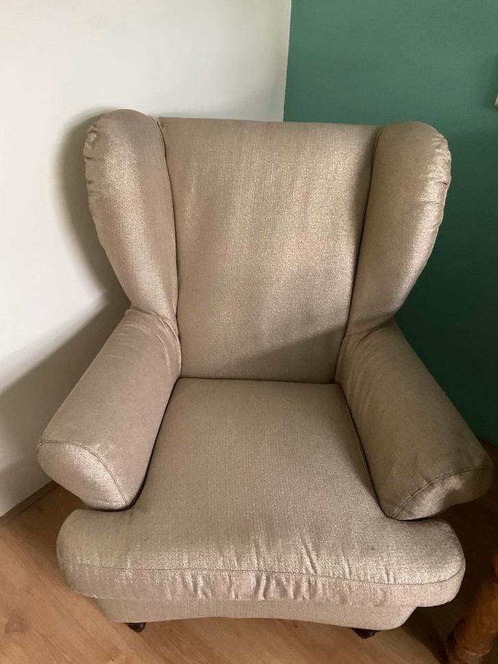 Italiaanse Saba Fauteuil - Goudkleurig, Huis en Inrichting, Fauteuils, Gebruikt, Stof, 75 tot 100 cm, Ophalen of Verzenden