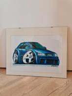 Audi A3 tekening - Cartoon Cars - in fotolijst., Ophalen of Verzenden, Minder dan 50 cm, Tekening, Minder dan 50 cm