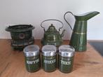 Groen emaille bussenset + lampetkan + ketel + petroleumstel, Antiek en Kunst, Antiek | Emaille, Ophalen of Verzenden