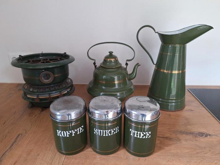 Groen emaille bussenset + lampetkan + ketel + petroleumstel, Antiek en Kunst, Antiek | Emaille, Ophalen of Verzenden