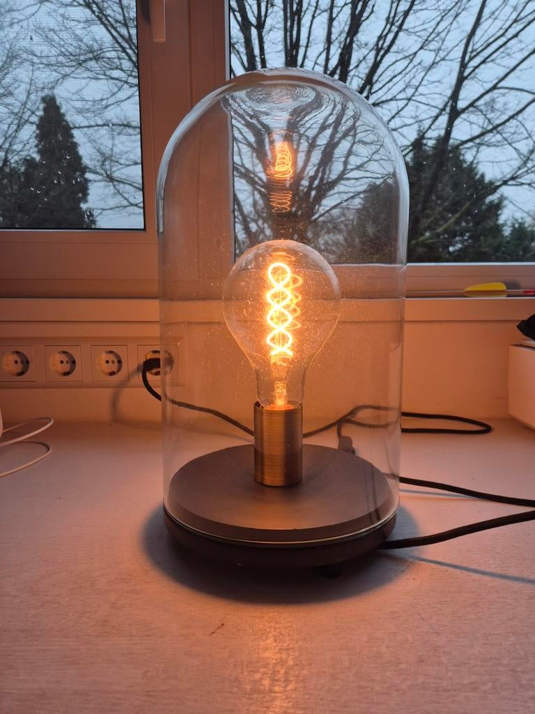 Industriële tafellamp met glazen stolp, Huis en Inrichting, Lampen | Tafellampen, Ophalen, Gebruikt, Glas, Minder dan 50 cm