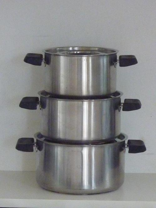 3 pannen, Pannenset, RVS, INOX, Huis en Inrichting, Keuken | Keukenbenodigdheden, Gebruikt, Ophalen of Verzenden