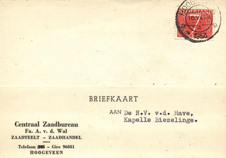 Centraal Zaadbureau Fa. A. v.d. Wal, Hoogeveen - 07.1953 - b, Postzegels en Munten, Brieven en Enveloppen | Nederland, Briefkaart