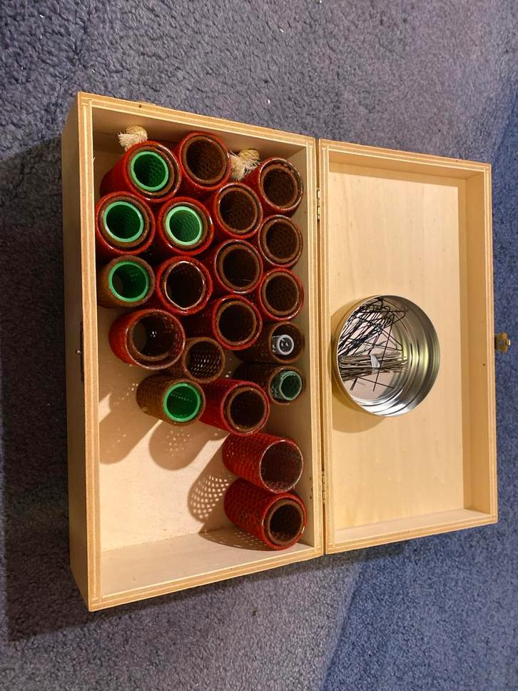 Vintage Krullerset in Houten Doos, Hobby en Vrije tijd, Breien en Haken, Gebruikt, Ophalen of Verzenden