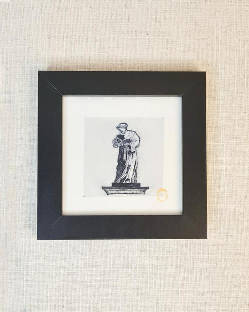 Ets 10x10 standbeeld Erasmus Rotterdam, incl lijst, Antiek en Kunst, Kunst | Etsen en Gravures, Ophalen of Verzenden