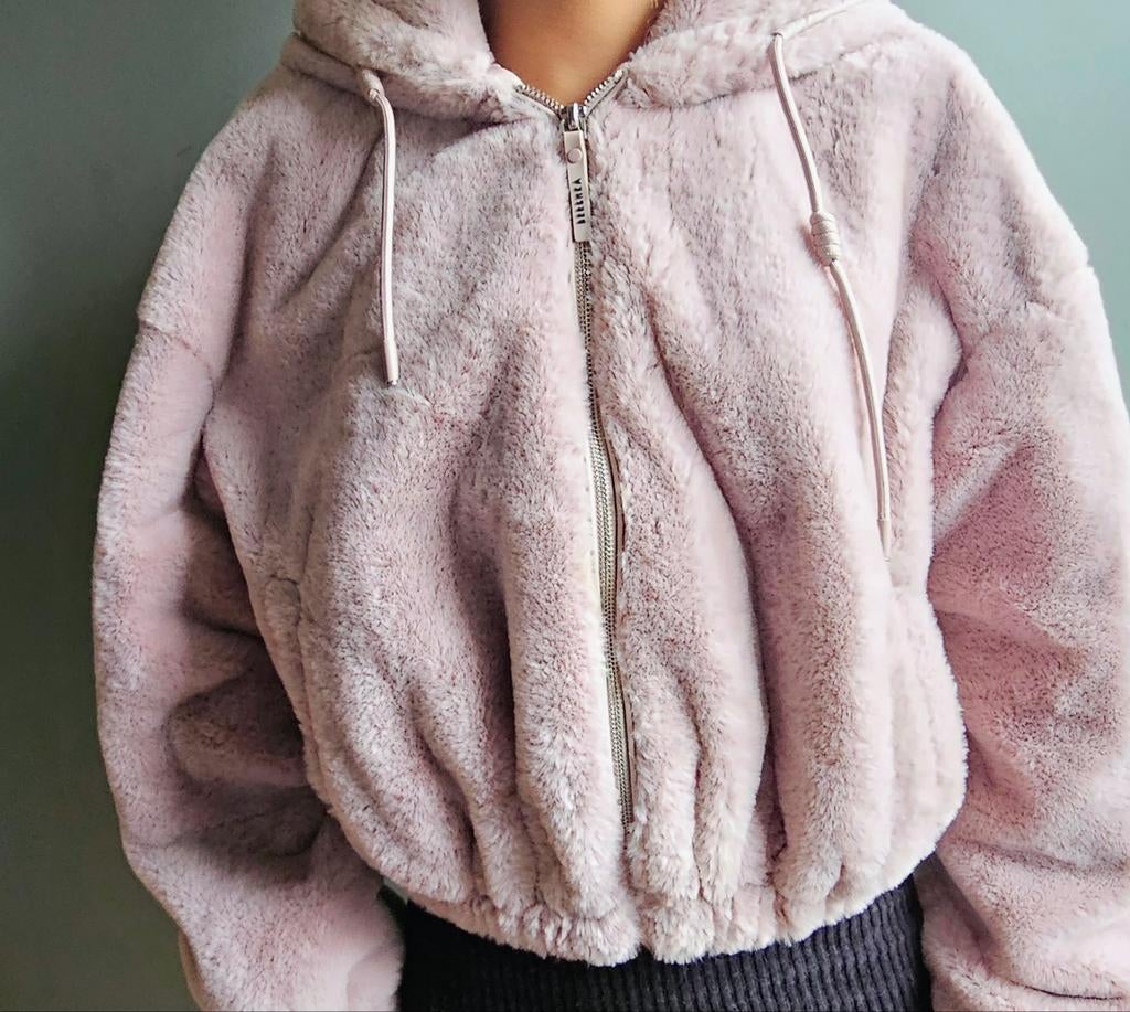 Roze Teddy jasje met capuchon, Maat 38/40 (M), Zo goed als nieuw, Jasje, Roze