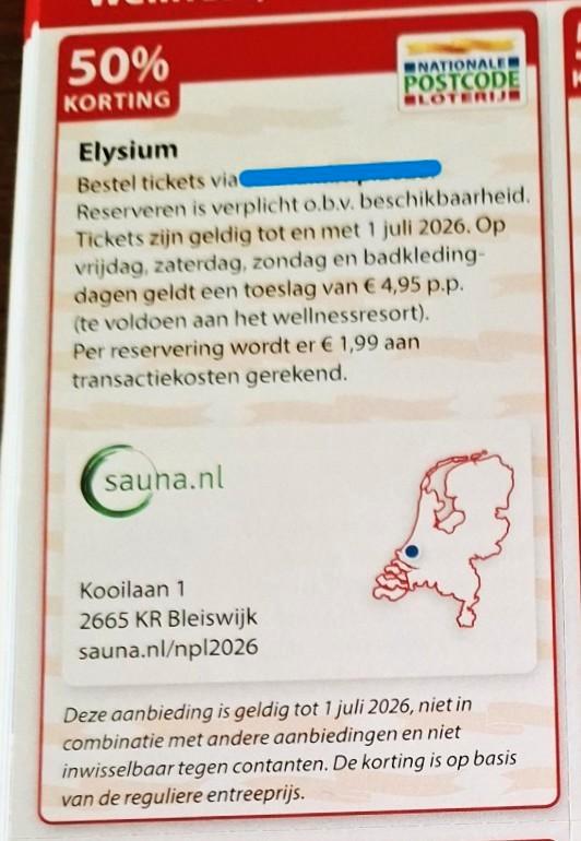 Elysium 50% korting, Tickets en Kaartjes, Kortingen en Cadeaubonnen, Drie personen of meer, Spa of Sauna, Kortingsbon