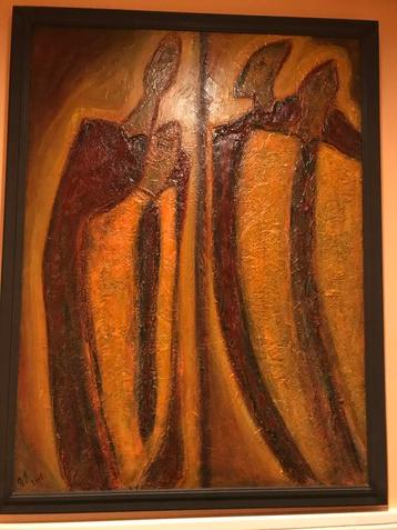 Schilderij olieverf aardetinten twee gelovigen 
