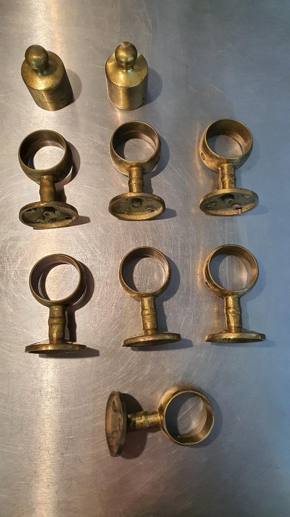 Set messing gordijnstanghouders met eindstukken, Antiek en Kunst, Antiek | Koper en Brons, Koper, Ophalen of Verzenden