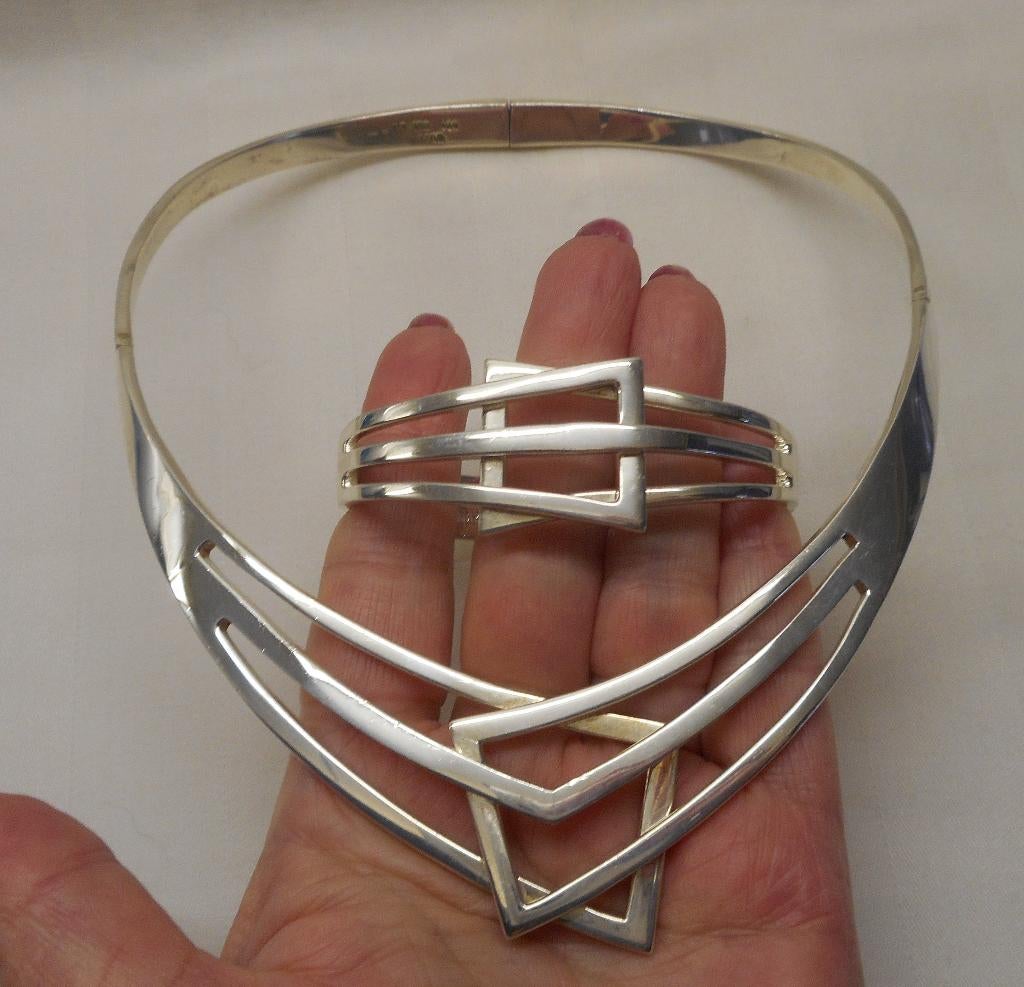 Zilveren prachtige massieve modernist set spang met armband, Verzenden, Zo goed als nieuw, Zilver, Zilver