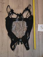 Transparante Body met Open Kruis en Borsten - Maat S, Verzenden, Zwart, Body of Korset