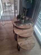 Set van 3 ronde salontafels, mangohout en metaal, Huis en Inrichting, Tafels | Salontafels, Overige houtsoorten, 50 tot 100 cm