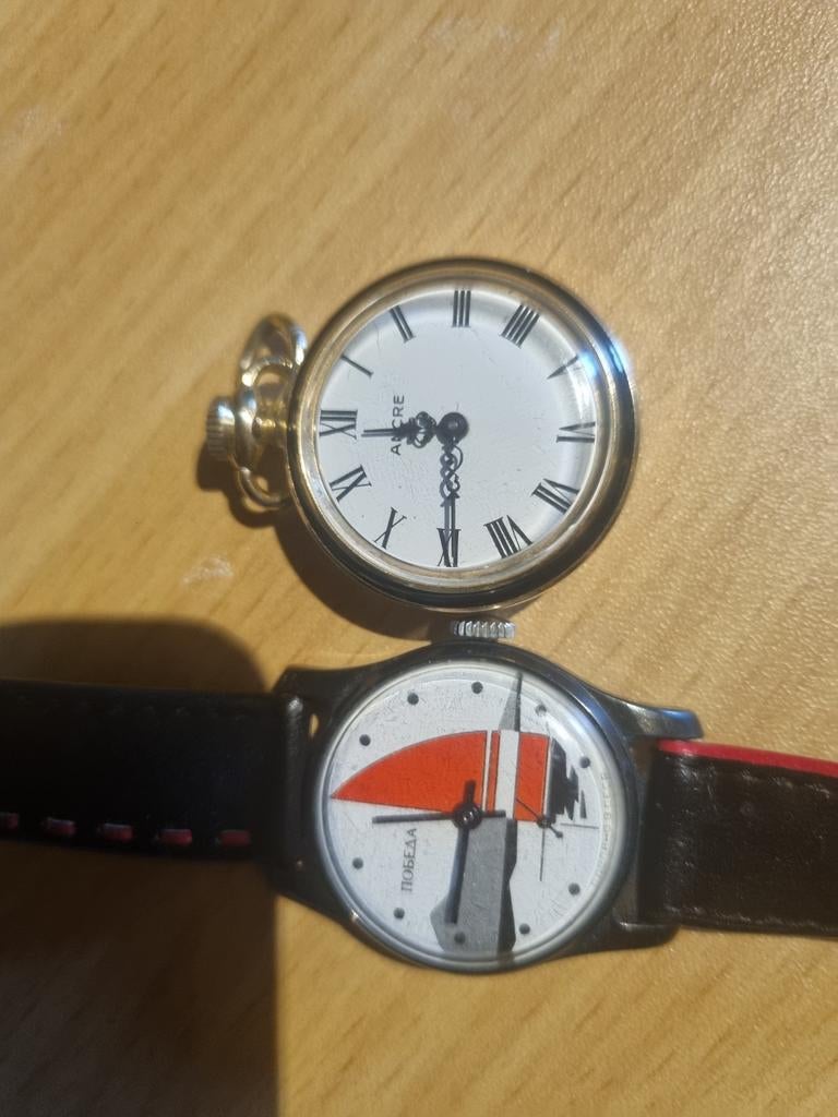 Vintage Horloges: Zakhorloge Ancre & Polshorloge Pobeda, Overige merken, Zakhorloge, Ophalen of Verzenden, Goud