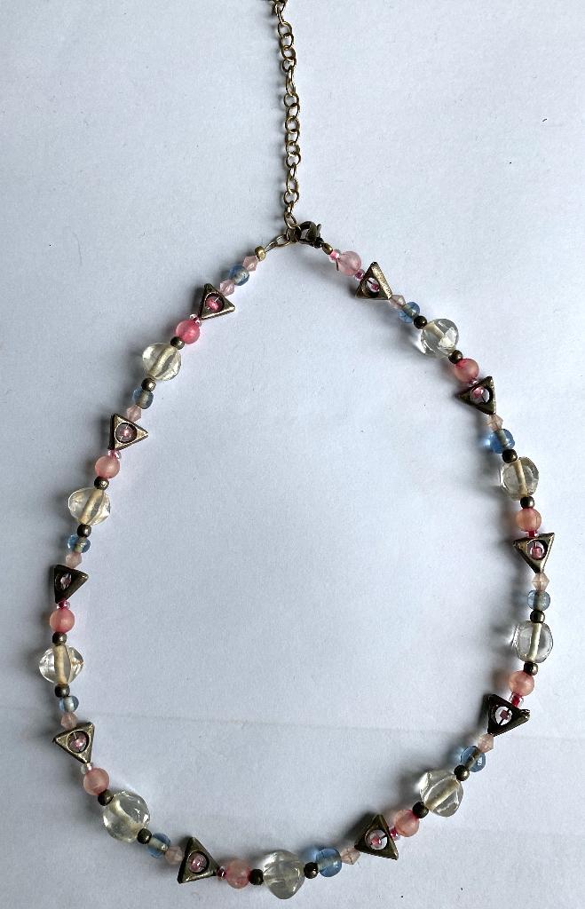 Roze/blauw/doorzichtig/zilverkleurige kralenketting, Kunststof, Verstelbaar, Blauw, Nieuw