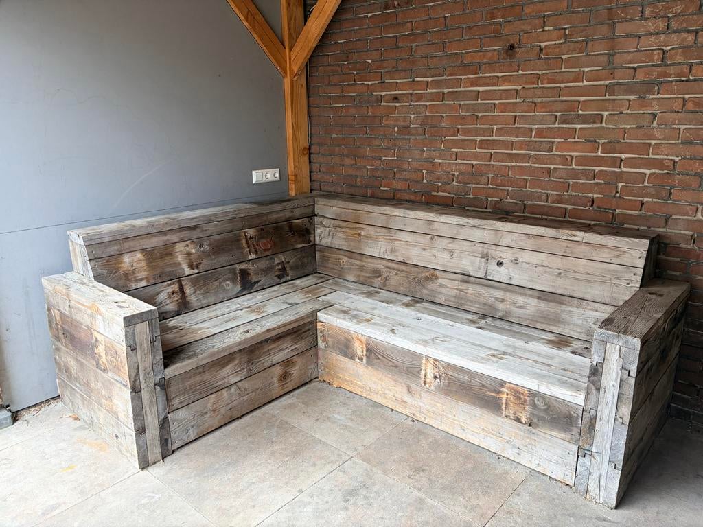 Stevige Tuinbank van Grenen Wagondelen - 230x180 cm, Ophalen, Gebruikt, Hout