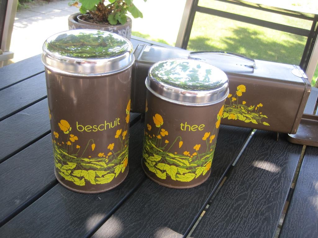 Jaren 60, beschuitblik, theeblik en koektrommel Brabantia, Verzamelen, Ophalen, Gebruikt, Overige