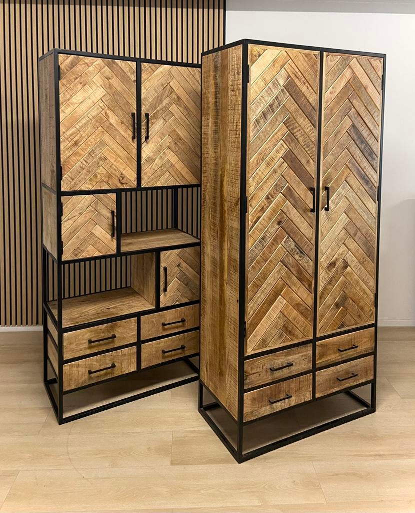 Visgraat wandkast -mango sjiek industrieel kast hout & zwart, Ophalen, Nieuw, 25 tot 50 cm, Met deur(en)