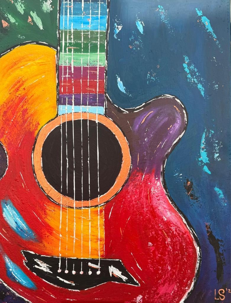 Kleurrijk Gitaar Schilderij - Uniek Kunstwerk, Ophalen of Verzenden