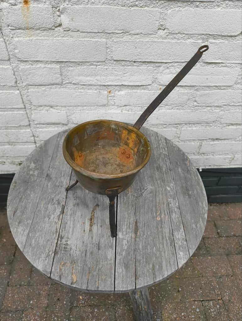 Antieke Koperen Driepoot Pan met Lange Steel, Ophalen of Verzenden