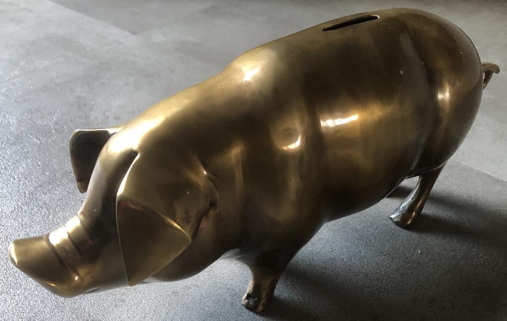 VARKEN - BRONS - BEELD/SPAARPOT - 15 CM HOOG EN LENGTE, Antiek en Kunst, Ophalen of Verzenden