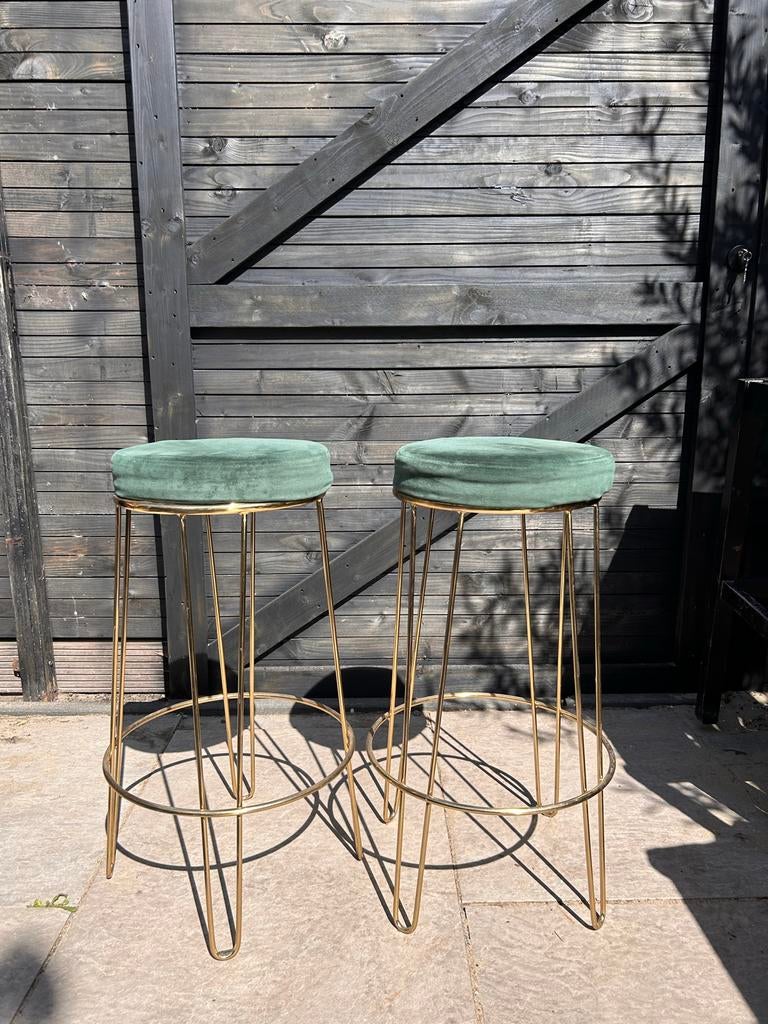 Set van 2 gouden barkrukken met groen fluwelen zitting, Ophalen, Zo goed als nieuw, Overige materialen