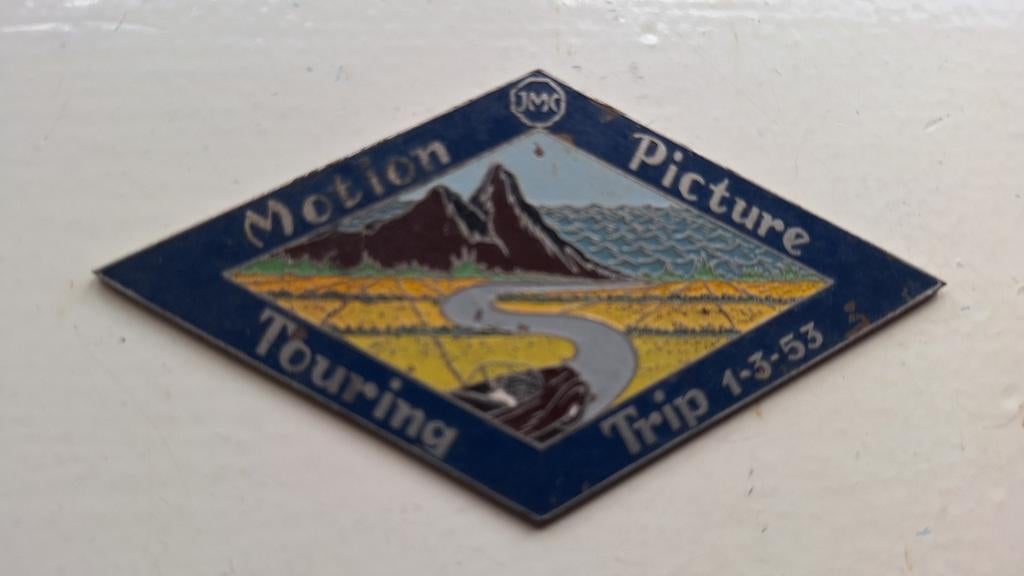 Motion picture trip touring 1-3-1953 uniek plaatje oldtimer., Antiek en Kunst, Antiek | Emaille, Ophalen of Verzenden
