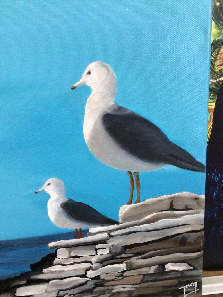 Fraai schilderij zeemeeuwen strand zee meeuw origineel, Ophalen of Verzenden