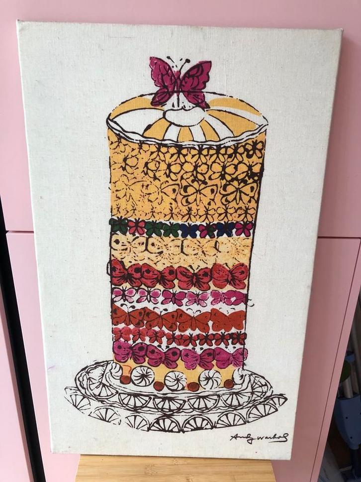 Andy Warhol Canvas Schilderij Taart met Vlinders 70x43cm, Antiek en Kunst, Kunst | Schilderijen | Modern, Ophalen