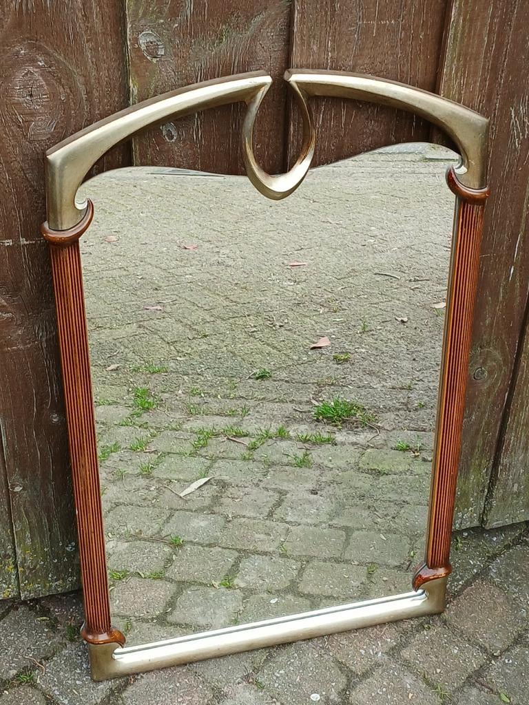 Art Deco spiegel met messing en hout, Antiek en Kunst, Ophalen of Verzenden, Rechthoekig, Minder dan 50 cm, Minder dan 100 cm