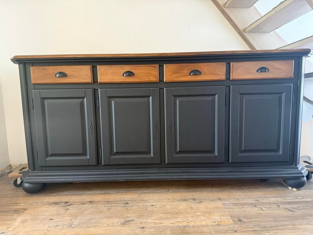 Massief Eikenhouten Dressoir - Zwart met Houten Blad, Ophalen, 150 tot 200 cm, Eikenhout, Zo goed als nieuw