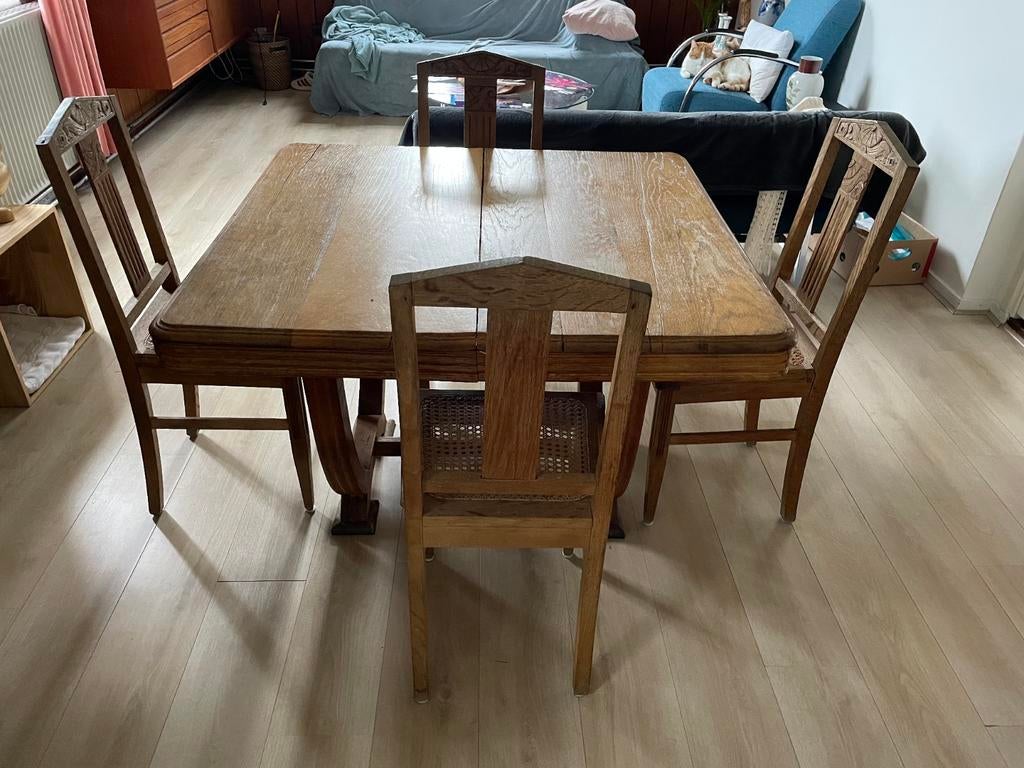 Antieke geloogd eiken tafel met optioneel 4 stoelen, Ophalen