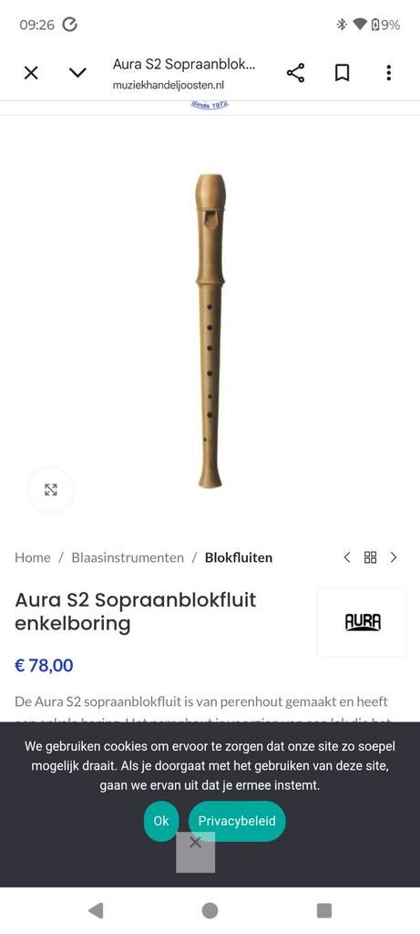 Aura S2 Sopraan Blokfluit - Perenhout met Koffer, Ophalen of Verzenden, Zo goed als nieuw, Sopraan of Sopranino, Met koffer, hoes of etui