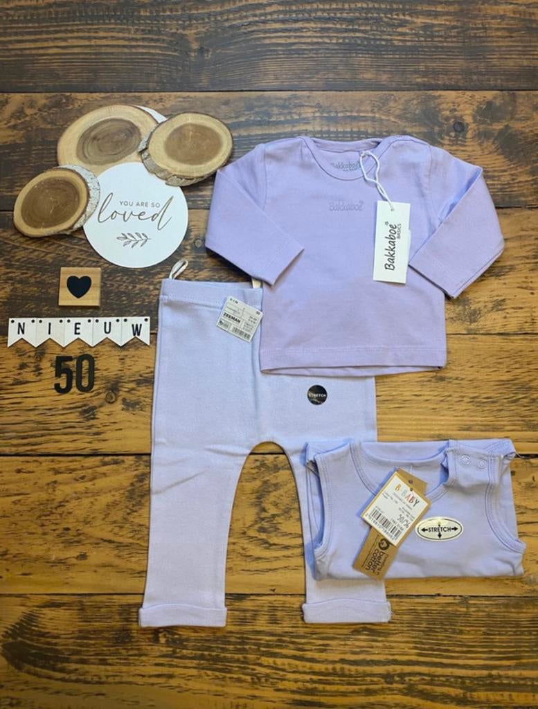 Baby girl setje lila shirtje, broekje, romper maat 50, Ophalen of Verzenden, Nieuw, Meisje, Setje