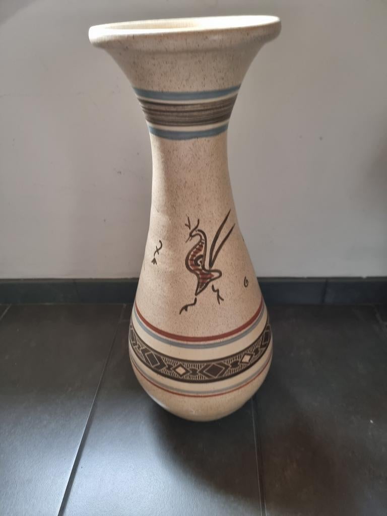 Vintage Aardewerk Vaas met Handgeschilderd Motief, Ophalen of Verzenden