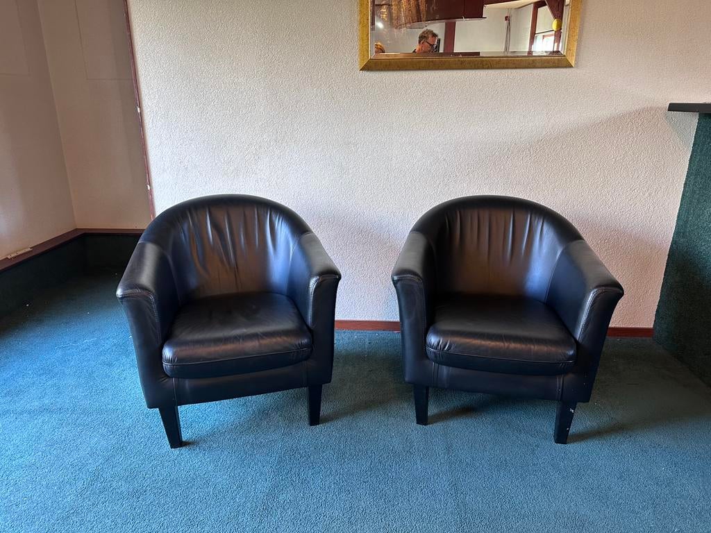 2 zwarte leren stoelen I 2 black leather chairs, Ophalen, Gebruikt, Minder dan 75 cm, Leer