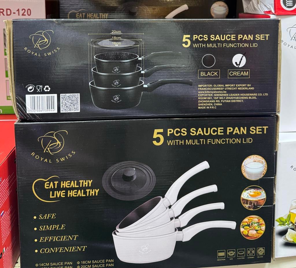 Royal Swiss 5-delige pannenset met multifunctioneel deksel, Overige materialen, Inductieplaat, Nieuw, Pannenset