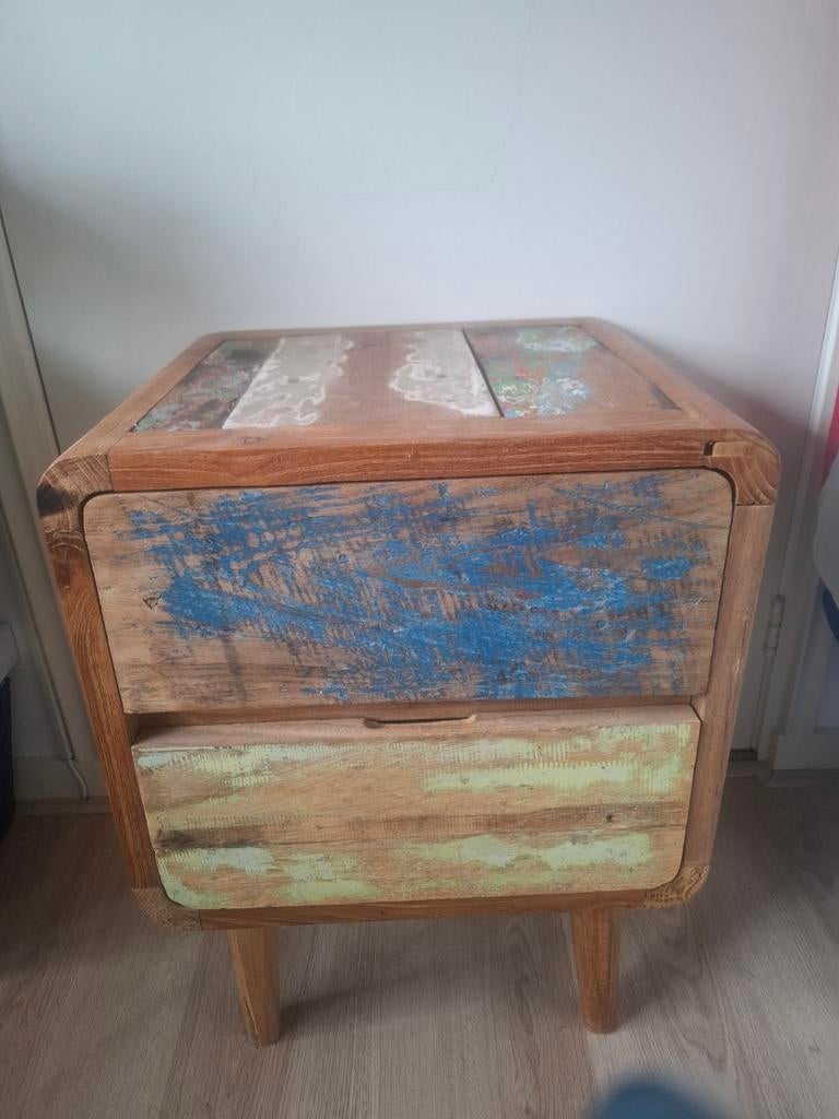 Retro Nachtkastje van Gerecycled Hout - Fair Trade, Ophalen, Minder dan 50 cm, Gebruikt, Retro, Fair Trade