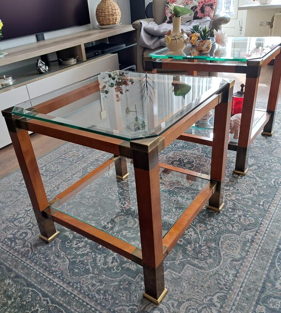 Vintage bijzettafels met glas en messing details, Huis en Inrichting, Tafels | Bijzettafels, Ophalen, Zo goed als nieuw, Hout
