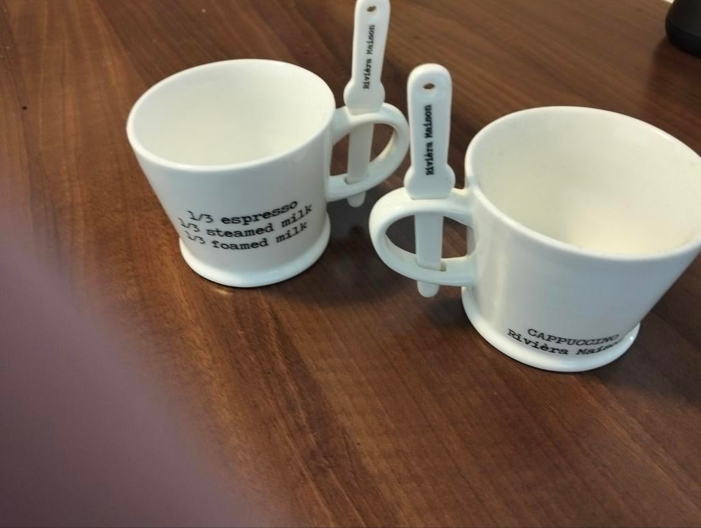 Riviera Maison koffiekopjes met lepeltjes, Huis en Inrichting, Ophalen of Verzenden, Zo goed als nieuw, Overige stijlen, Kop(pen) en/of Schotel(s)