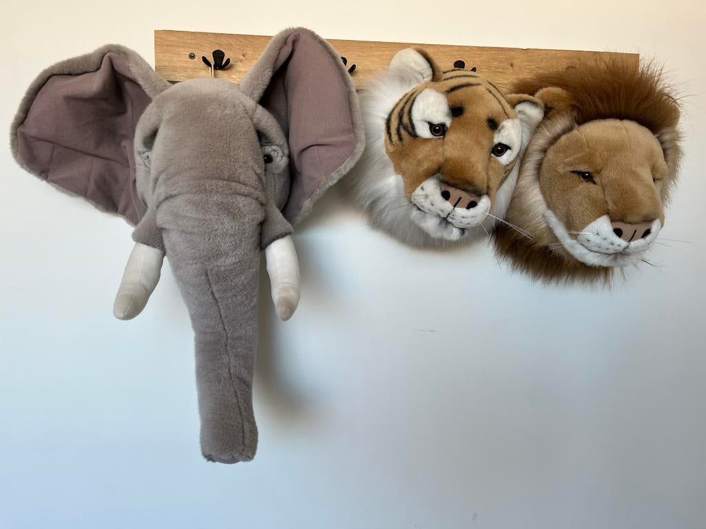 3 Bibib Dierenkoppen: Leeuw, Tijger, Olifant - Wanddecoratie, Overige merken, Ophalen of Verzenden, Zo goed als nieuw, Middelgroot (20 tot 80 cm)