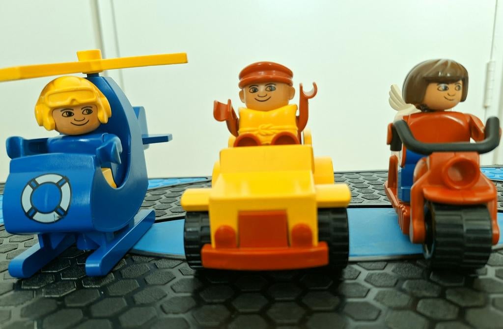 Lego Duplo Voertuigen Set: Helikopter, Auto, Motor, Ophalen of Verzenden, Zo goed als nieuw