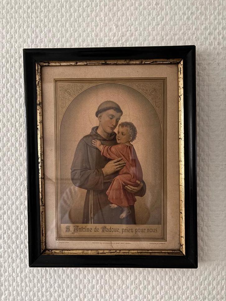 Antieke gravure zwarte lijst St. Antonius van Padua met kind, Antiek en Kunst, Antiek | Religie, Ophalen of Verzenden