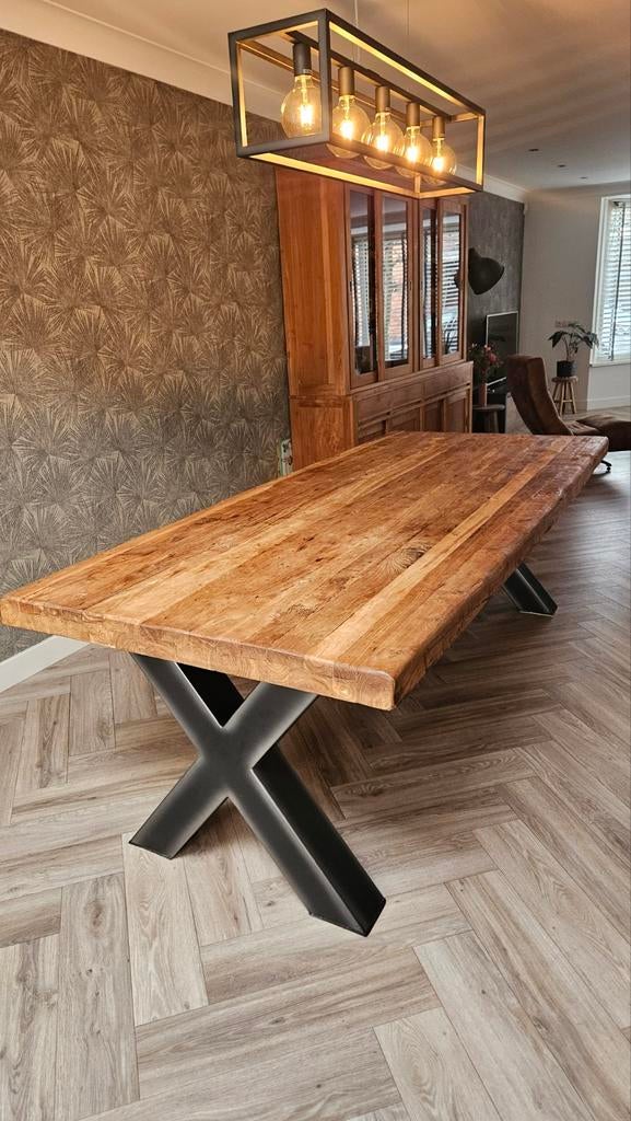 Teakhouten eettafel 250x107cm met metalen X-poot, Ophalen, Rechthoekig, 200 cm of meer, 100 tot 150 cm